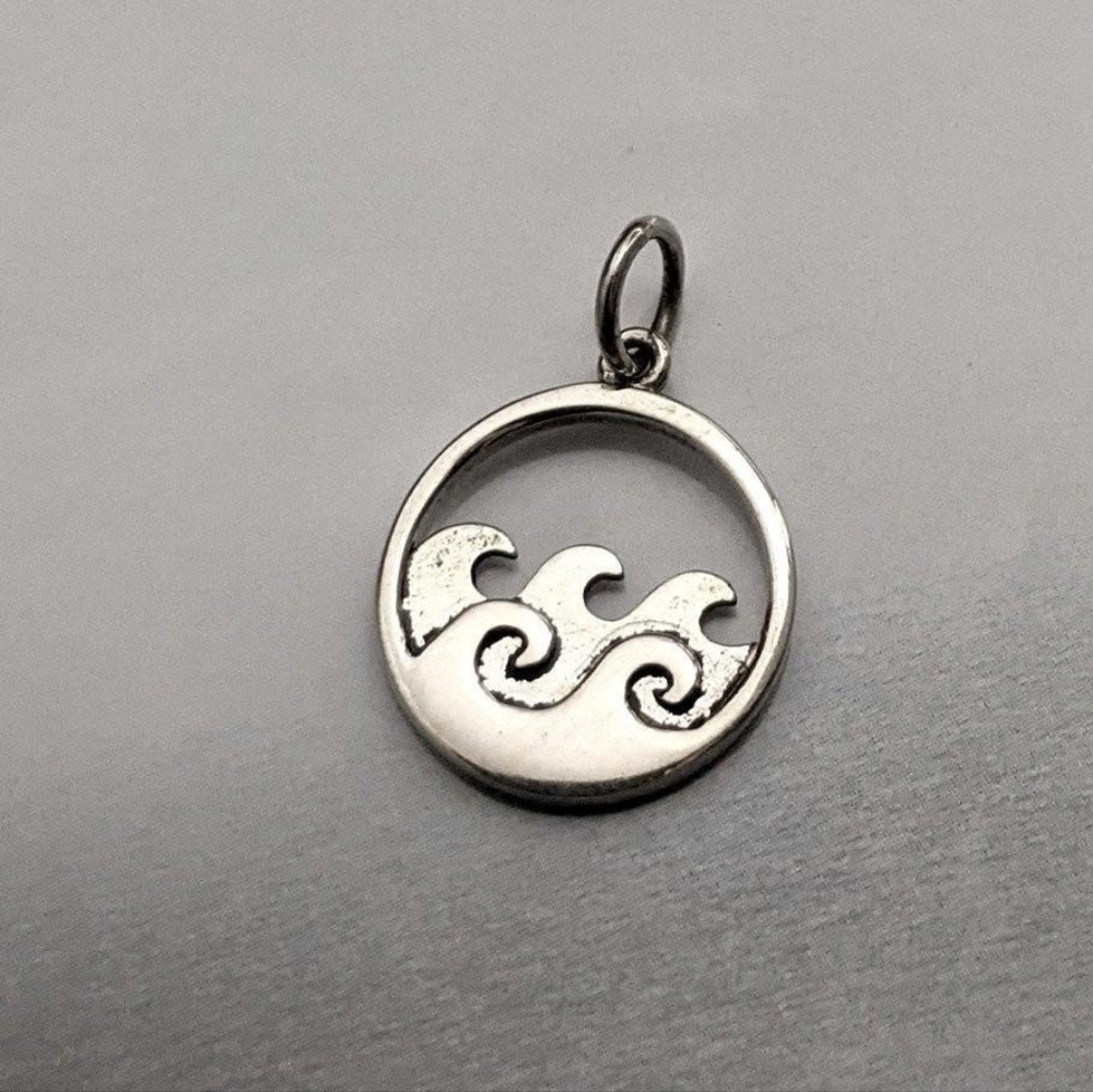 Sterling silver pendant charm ocean wave double sea surf 925 circle round cutout